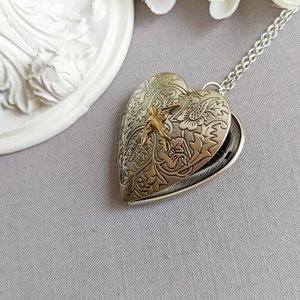 Heart Locket Pendant with Silver Swallow, Romantic Gift for Her