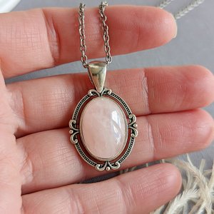 Rose Quartz Necklace, Pink Stone Pendant, Natural Crystal, Self Care Jewelry, Second Wedding Anniversary Gift for Her