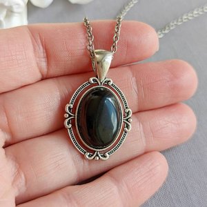 Oval Obsidian Necklace, Black Stone Pendant, Gothic Jewelry, Goth Bride