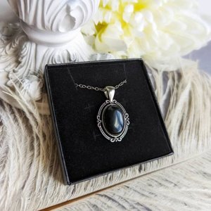 Oval Obsidian Necklace, Black Stone Pendant, Gothic Jewelry Gift