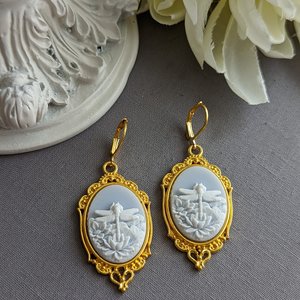 Blue Dragonfly Cameo Earrings, Art Nouveau Jewelry