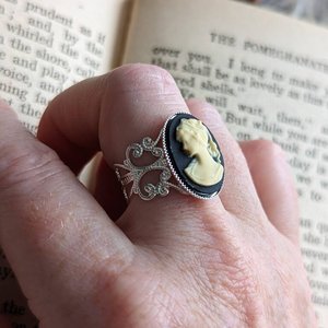 Cameo Ring, Statement Ring, Adjustable Size, Silver Filigree, Victorian Jewelry, Vintage Style, Steampunk Dark Academia