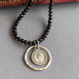 Silver Coin Circle Necklace with Black Beaded Chain, Hammered Circle Pendant, Ancient Coin Necklace, Gift for Her