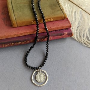 Silver Coin Circle Necklace with Black Beaded Chain, Hammered Circle Pendant, Ancient Coin Necklace, Gift for Her