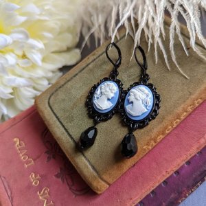 Portrait Cameo Earrings, Blue Lady Cameo Earrings, Gothic Victorian Jewelry, Antique Style Jewelry, Dark Academia,