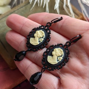 Black Cameo Dangle Earrings, Gothic Victorian Jewelry, Vintage Inspired, Dark Academia Literary Themed Accessories