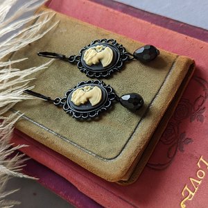 Black Cameo Dangle Earrings, Gothic Victorian Jewelry, Vintage Inspired, Dark Academia Literary Themed Accessories