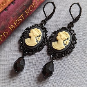 Black Cameo Dangle Earrings, Gothic Victorian Jewelry, Vintage Inspired, Dark Academia Literary Themed Accessories