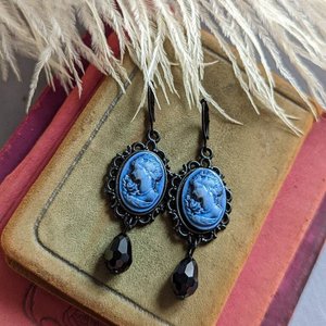 Blue Portrait Cameo Earrings, Victorian Jewelry, Vintage Style