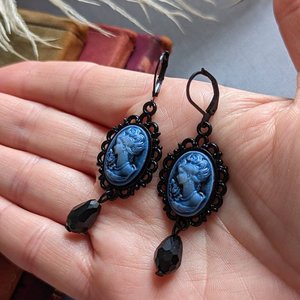 Blue Portrait Cameo Earrings, Victorian Jewelry, Vintage Style