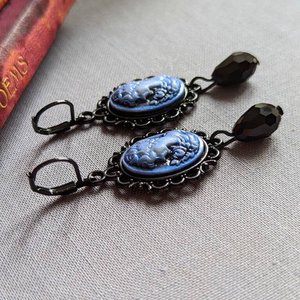 Blue Portrait Cameo Earrings, Victorian Jewelry, Vintage Style