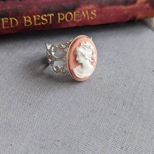 Pink Cameo Ring, Statement Ring, Adjustable Size, Silver Filigree, Victorian Jewelry, Vintage Style, Steampunk Light Academia