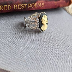 Cameo Ring, Statement Ring, Adjustable Size, Silver Filigree, Victorian Jewelry, Vintage Style, Steampunk Dark Academia