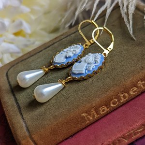 Cameo Pearl Earrings, Blue and White Cameo Earrings, Victorian Jewelry, Romantic Vintage Style, Regency Jewelry, Pearlcore