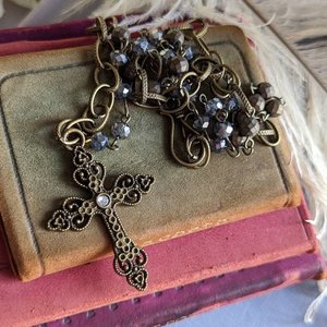 Gothic Rosary Necklace, Asymmetrical Beaded Crucifix, Ornate Statement Jewelry, Antiqued Brass Jewelry, Gift for Girlfriend