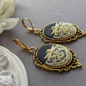 Cameo Earrings, Black and Ivory Dragonfly Cameo Earrings, Statement Earrings, Vintage Style Art Nouveau Jewelry, Nature Inspired Insect