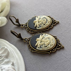 Cameo Earrings, Black and Ivory Dragonfly Cameo Earrings, Statement Earrings, Vintage Style Art Nouveau Jewelry, Nature Inspired Insect