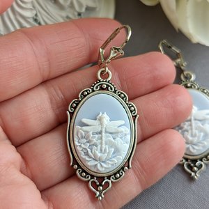 Blue Dragonfly Cameo Earrings, Art Nouveau Jewelry