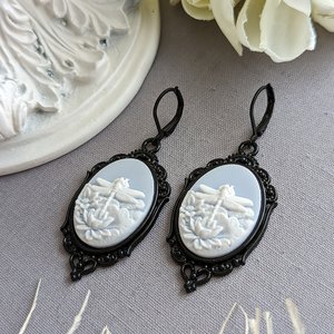 Blue Dragonfly Cameo Earrings, Art Nouveau Jewelry