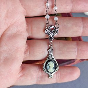 Teardrop Cameo Pendant with Quartz Rosary Chain, Vintage Inspired Necklace Gift 