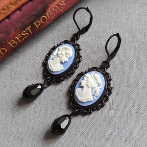 Portrait Cameo Earrings, Blue Lady Cameo Earrings, Gothic Victorian Jewelry, Antique Style Jewelry, Dark Academia,