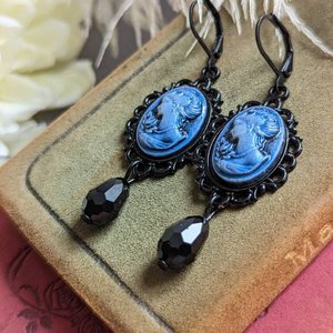 Blue Portrait Cameo Earrings, Victorian Jewelry, Vintage Style