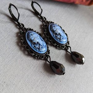 Blue Portrait Cameo Earrings, Victorian Jewelry, Vintage Style