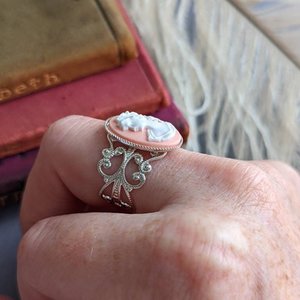 Pink Cameo Ring, Statement Ring, Adjustable Size, Silver Filigree, Victorian Jewelry, Vintage Style, Steampunk Light Academia