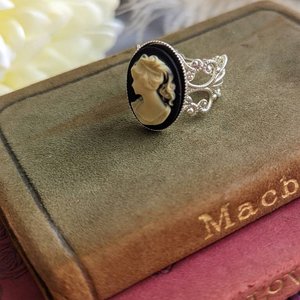 Cameo Ring, Statement Ring, Adjustable Size, Silver Filigree, Victorian Jewelry, Vintage Style, Steampunk Dark Academia