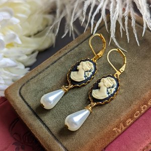 Cameo Pearl Earrings, Blue and White Cameo Earrings, Victorian Jewelry, Romantic Vintage Style, Regency Jewelry, Pearlcore