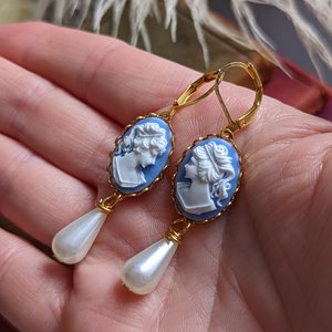 Cameo Pearl Earrings, Blue and White Cameo Earrings, Victorian Jewelry, Romantic Vintage Style, Regency Jewelry, Pearlcore