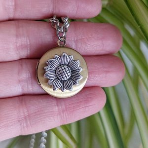 Tiny Sunflower Locket Necklace, Antiqued Gold Locket, Round Locket Necklace, Sunflower Jewelry, Keepsake Gift, Teen Daughter Gift