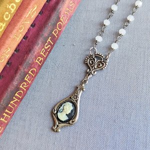 Teardrop Cameo Pendant with Quartz Rosary Chain, Vintage Inspired Necklace Gift 