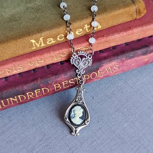 Teardrop Cameo Pendant with Quartz Rosary Chain, Vintage Inspired Necklace Gift 