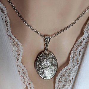 Silver Locket, Embossed Floral Locket, Long Chain Necklace, Vintage Style, Designer Locket, Wife Anniversary Gift, Mothers Day Gift