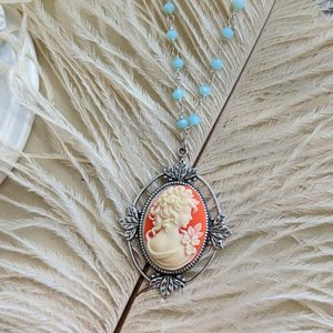 Retro Cameo Necklace with Aqua Chalcedony Rosary Chain, Vintage Style Pendant, Shabby Chic Romantic Jewelry Gift 