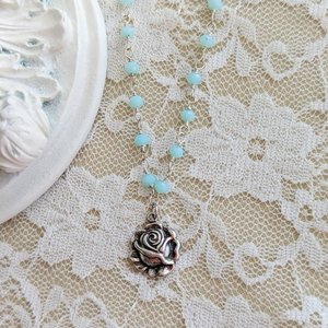 Dainty Silver Rose Necklace with Aqua Chalcedony Rosary Chain, Rustic Vintage Style Pendant, Shabby Chic, Light Academia