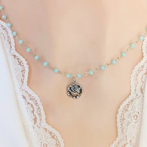 Dainty Silver Rose Necklace with Aqua Chalcedony Rosary Chain, Rustic Vintage Style Pendant, Shabby Chic, Light Academia