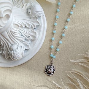 Dainty Silver Rose Necklace with Aqua Chalcedony Rosary Chain, Rustic Vintage Style Pendant, Shabby Chic, Light Academia