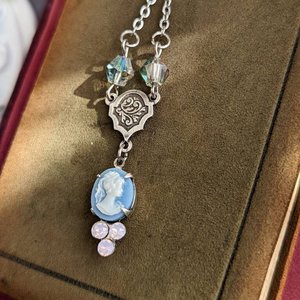 Tiny Blue Cameo Necklace with Rosewater Opals, Vintage Style Pendant, Shabby Chic, Gift for Her, Dainty Necklace, Regency Era