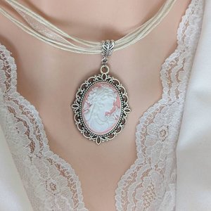 Cameo Necklace with Ribbon Choker, Victorian Bridal Jewelry, Historical Costume