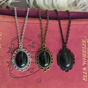 Oval Obsidian Pendant, Black Stone Necklace, Gothic Bridal Jewelry