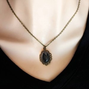 Oval Obsidian Pendant, Black Stone Necklace, Gothic Bridal Jewelry