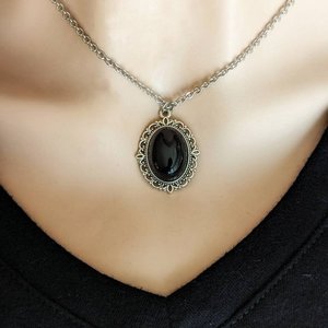 Oval Obsidian Pendant, Black Stone Necklace, Gothic Bridal Jewelry