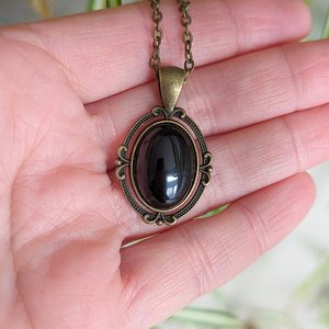 Oval Obsidian Necklace, Black Stone Pendant, Gothic Jewelry Gift