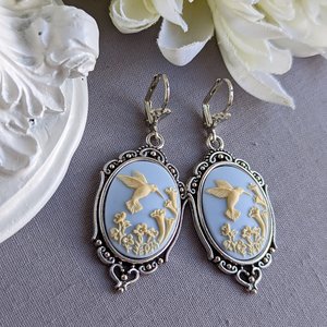 Cameo Earrings, Blue Hummingbird Earrings, Romantic Jewelry, Vintage Style, Nature Jewelry for Women