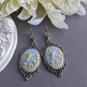 Cameo Earrings, Blue Hummingbird Earrings, Romantic Jewelry, Vintage Style, Nature Jewelry for Women