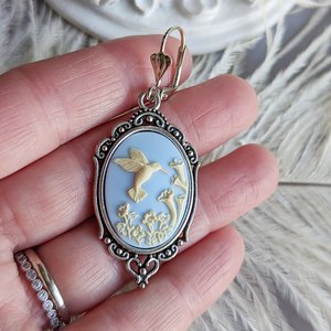 Cameo Earrings, Blue Hummingbird Earrings, Romantic Jewelry, Vintage Style, Nature Jewelry for Women