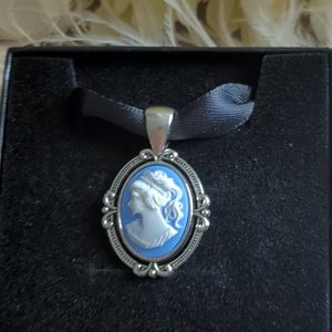 Blue Cameo Pendant, Black Ribbon Choker Necklace, Victorian Bridal Jewelry, Something Blue for Bride