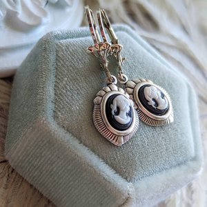 Blue Cameo Earrings, Silver Victorian Earrings, Cameo Jewelry, Historic Wedding Jewelry, Vintage Style Something Blue for Bride Earrings